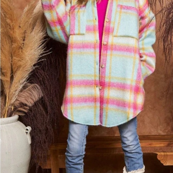 Davi & Dani Women’s‎ Oversized Plaid Shacket Jacket S Blue Pink Fuzzy Soft - Picture 11 of 11